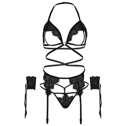 LEG AVENUE - SET CUATRO PIEZAS SUJETADOR, LIGUERO, TANGA Y PUÑOS TALLA ÚNICA - BLANCO