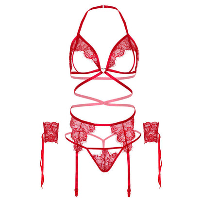 LEG AVENUE - SET CUATRO PIEZAS SUJETADOR, LIGUERO, TANGA Y PUÑOS TALLA ÚNICA - BLANCO