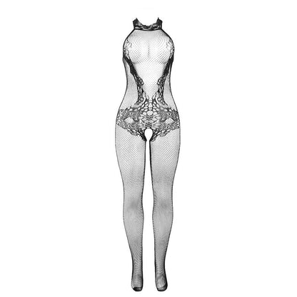 SUBBLIME - 951801 BODYSTOCKING CROTCHLESS DE REJILLA Y ENCAJE CON CUELLO ALTO NEGRO TALLA ÚNICA