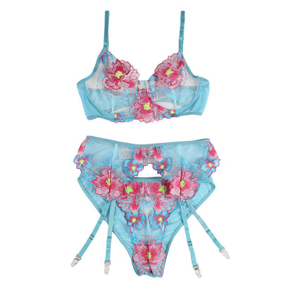 SUBBLIME - 954116 SUJETADOR + PANTIES CON LIGUERO DISEÑO FLORAL AZUL L/XL