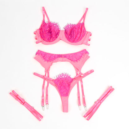 SUBBLIME - 955359 SET SUJETADOR CON ENCAJE Y LIGUEROS ROSA Y MORADO S/M