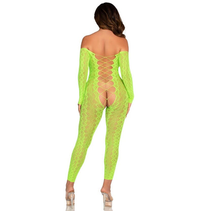 LEG AVENUE - BODYSTOCKING SIN ENTREPIERNA DE ENCAJE DE SERPIENTE EXÓTICA VERDE NEÓN