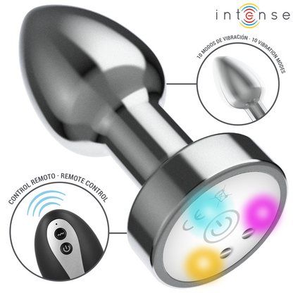 INTENSE - PLUG ANAL TALLA M DE METAL VIBRADOR CON LUCES LED MULTICOLOR Y CONTROL REMOTO