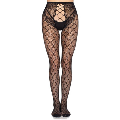 LEG AVENUE - 1966 MEDIAS DE RED CON PANTY SIN ENTREPIERNA NEGRO - TALLA ÚNICA
