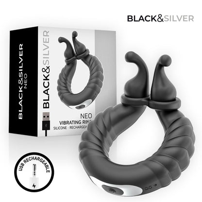 BLACK & SILVER - NEO ANILLO VIBRADOR RECARGABLE PARA PAREJAS NEGRO