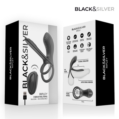 BLACK & SILVER - RIPLEY ANILLO VIBRADOR RECARGABLE CON CONTROL REMOTO NEGRO
